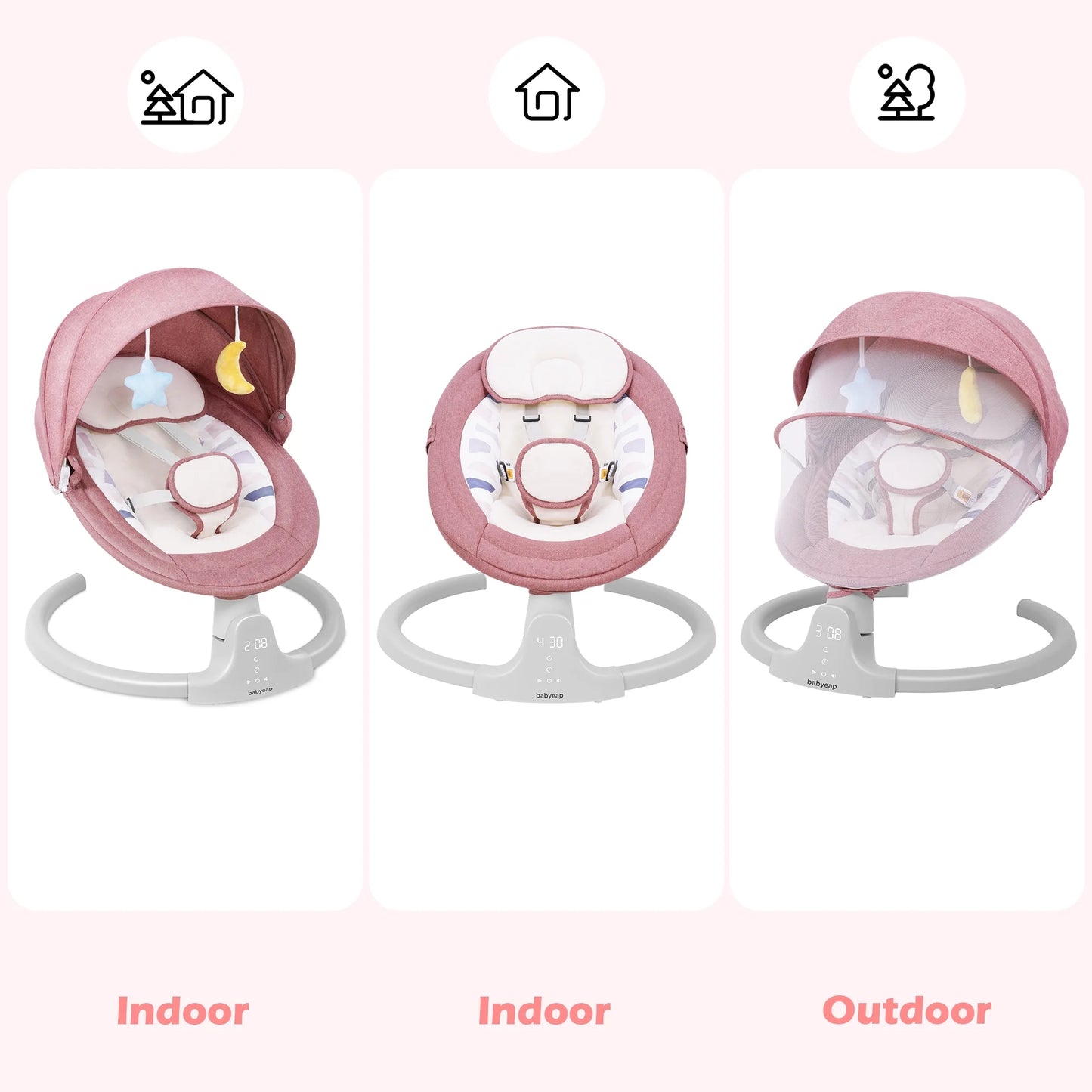Baby Swing for Infants - APP Remote Bluetooth Control, 5 Speed Settings, 10 Lullabies, USB Plug (Pink)