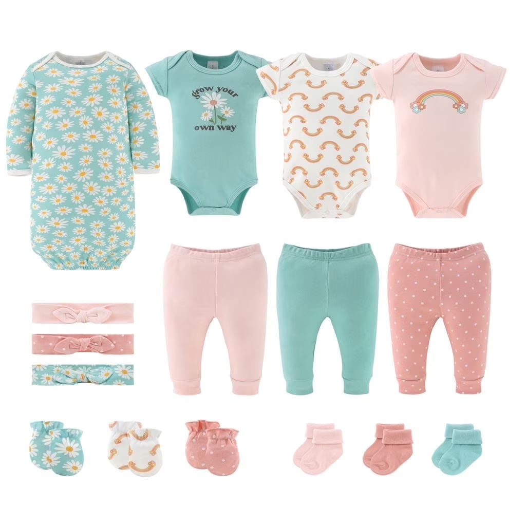 Carefree Floral Newborn Baby Clothes and Essentials, Layette Set for 0-3 Months, 16-Piece