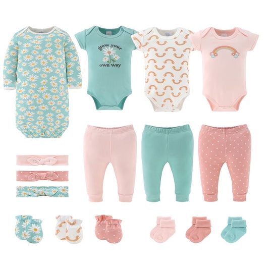 Carefree Floral Newborn Baby Clothes and Essentials, Layette Set for 0-3 Months, 16-Piece