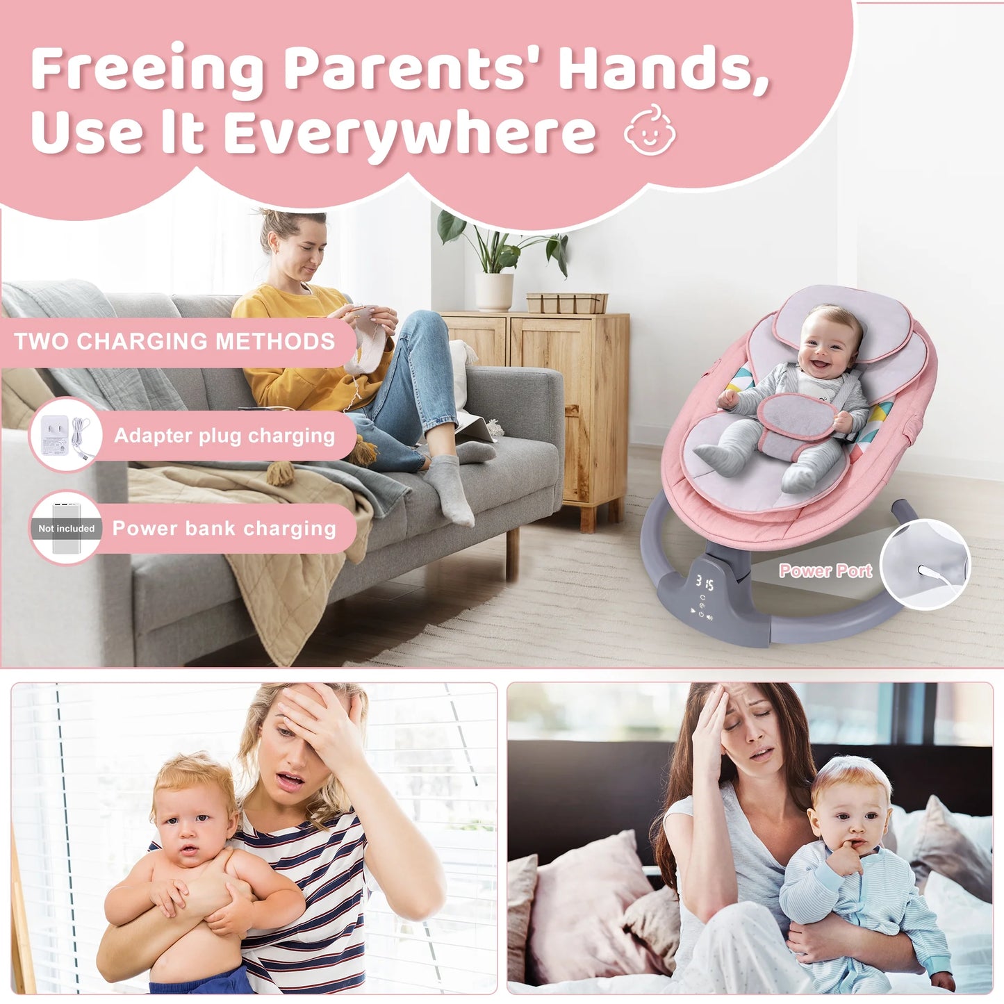 Baby Swing, Baby Swing for Infants,Portable Electric Baby Rocker with 5 Sway Speed,10 Preset Songs,Remote Control,Bluetooth Music,Pink