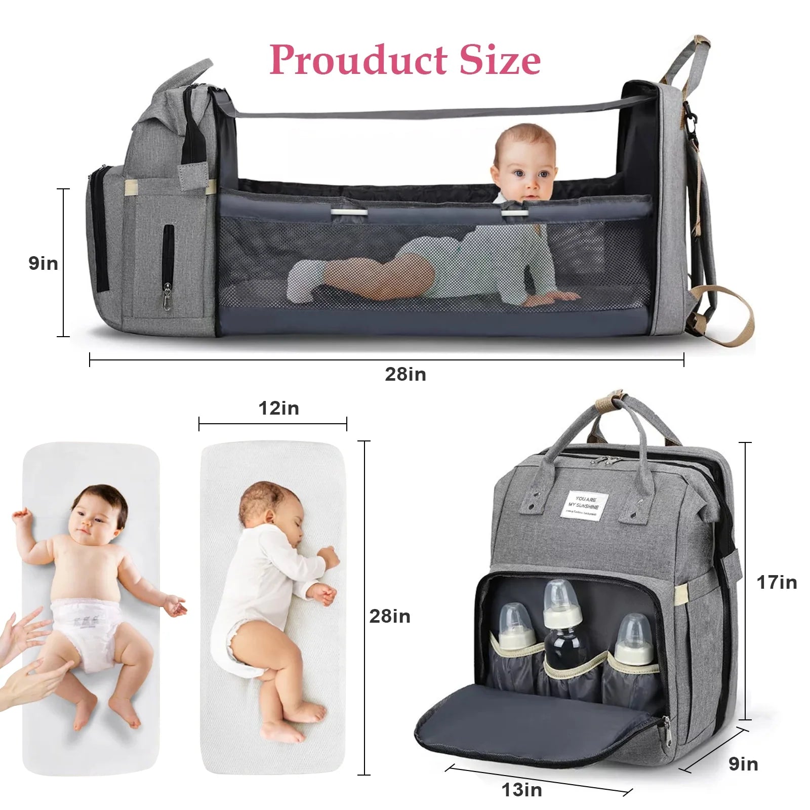 Diaper Bag Backpack, Waterproof Large Travel Essentials Baby Bag for Mom with Changing Pad & USB Charging Port, Baby Shower Gifts, Gray