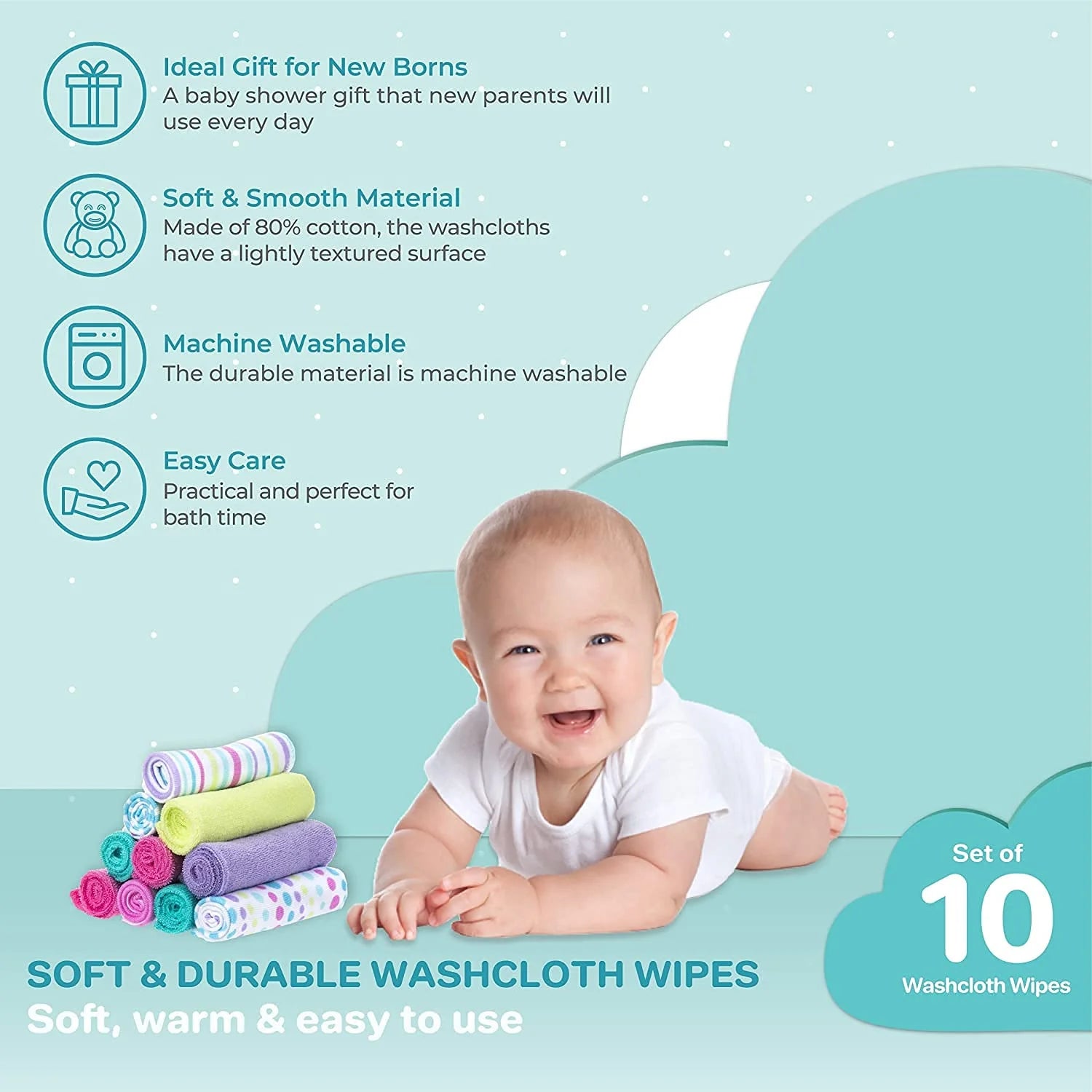 Baby Washcloth Wipes Set for Newborn Boys and Girls, Terry Bath Scrub, Pack of 10, Aqua Bubbles