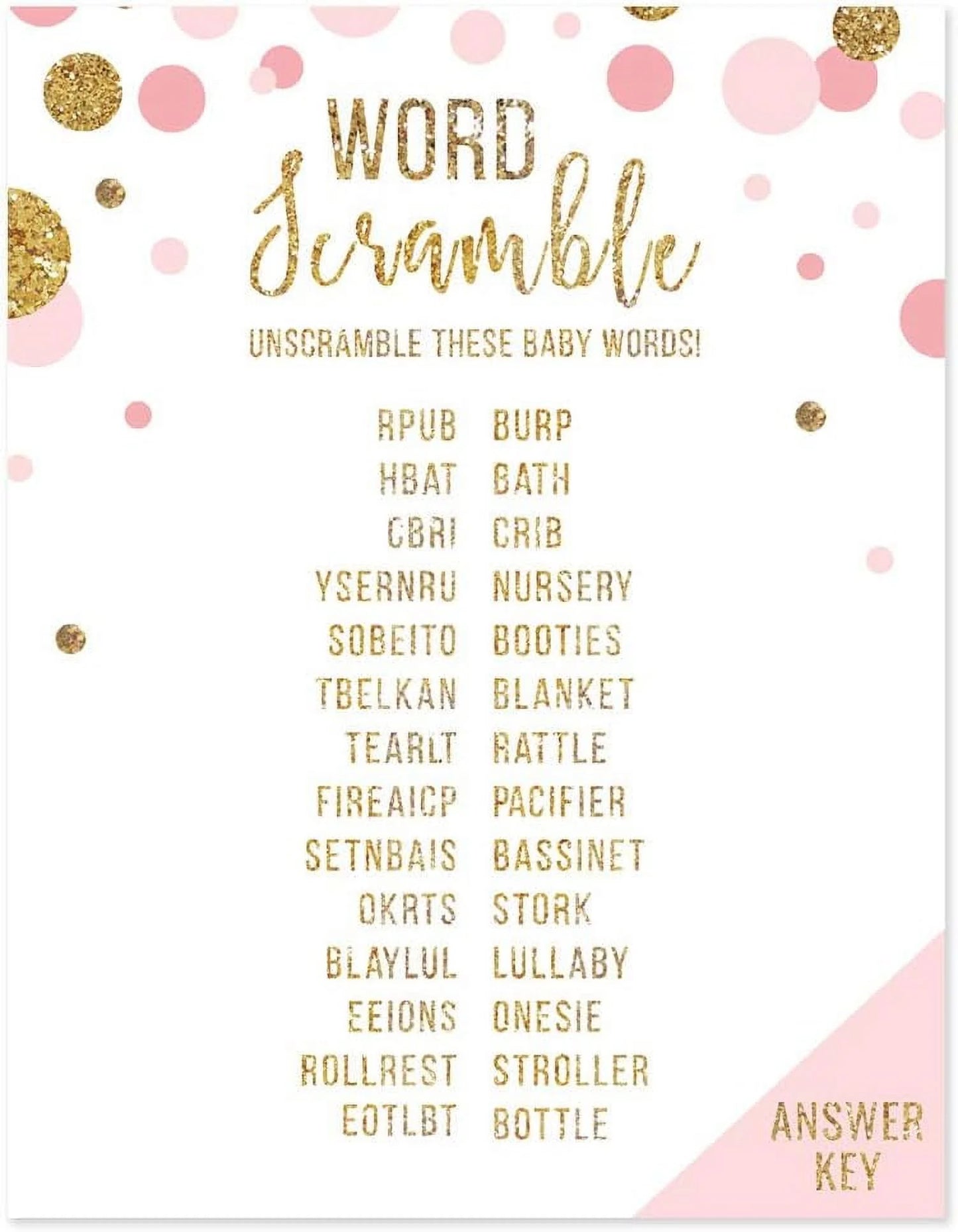 Baby Shower Word Scramble Game Blush Pink Gold Glitter, Paper Party Favors, 20-Pack
