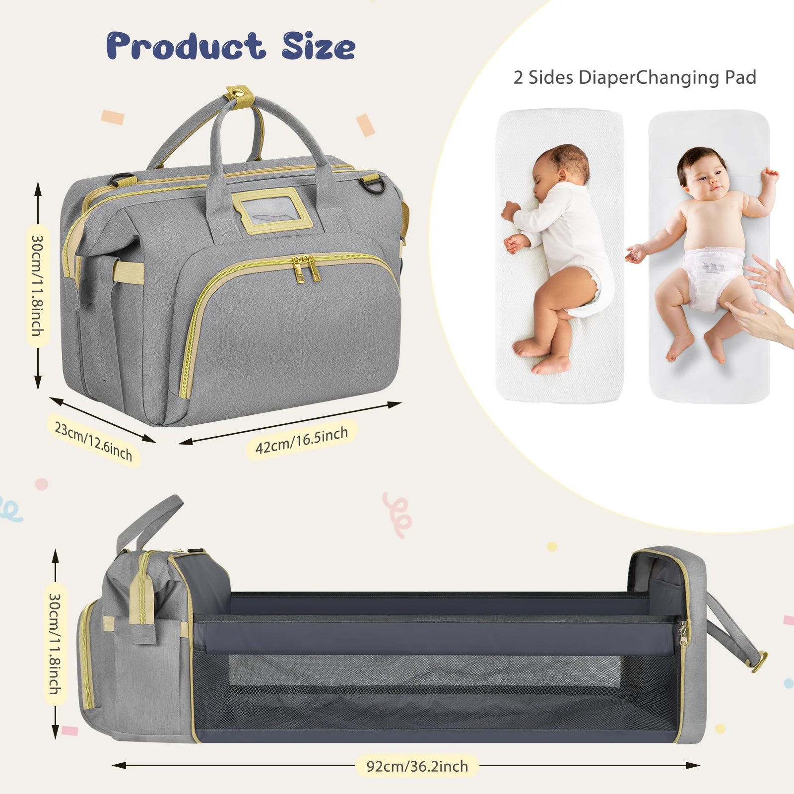 Diaper Bag Tote, Multifunctional Baby Changing Bag with Insulated Milk Bottle Pockets, Large Capacity Travel Backpack W/ USB Charging Port & Stroller Straps, Portable Newborn Baby Bags(Gray)