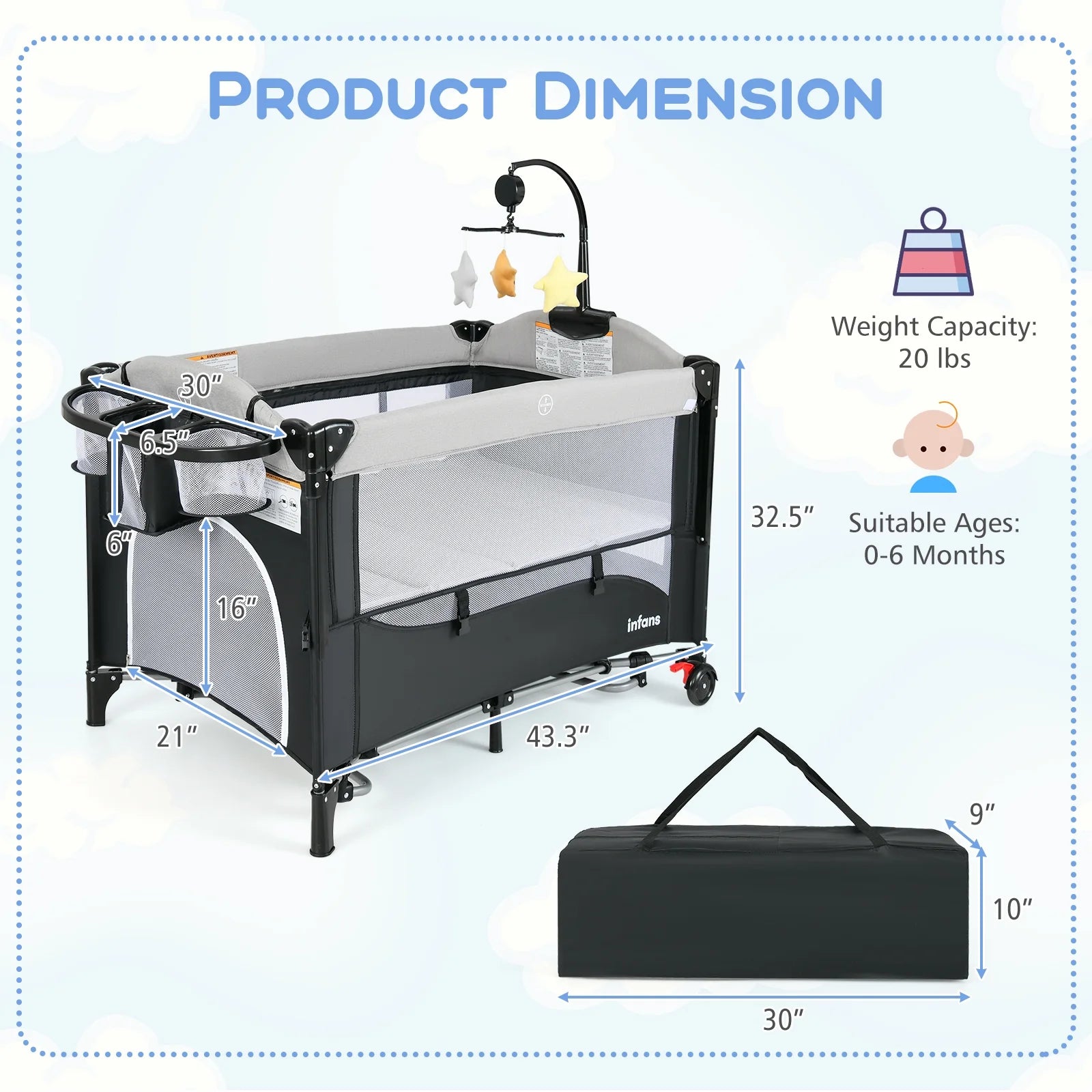 5 in 1 Portable Playard Baby Bassinet Bedside Sleeper, Diaper Changer, Mattress, Carry Bag, Music Box & Hanging Toys, Foldable Bedside Crib for Newborn Toddlers