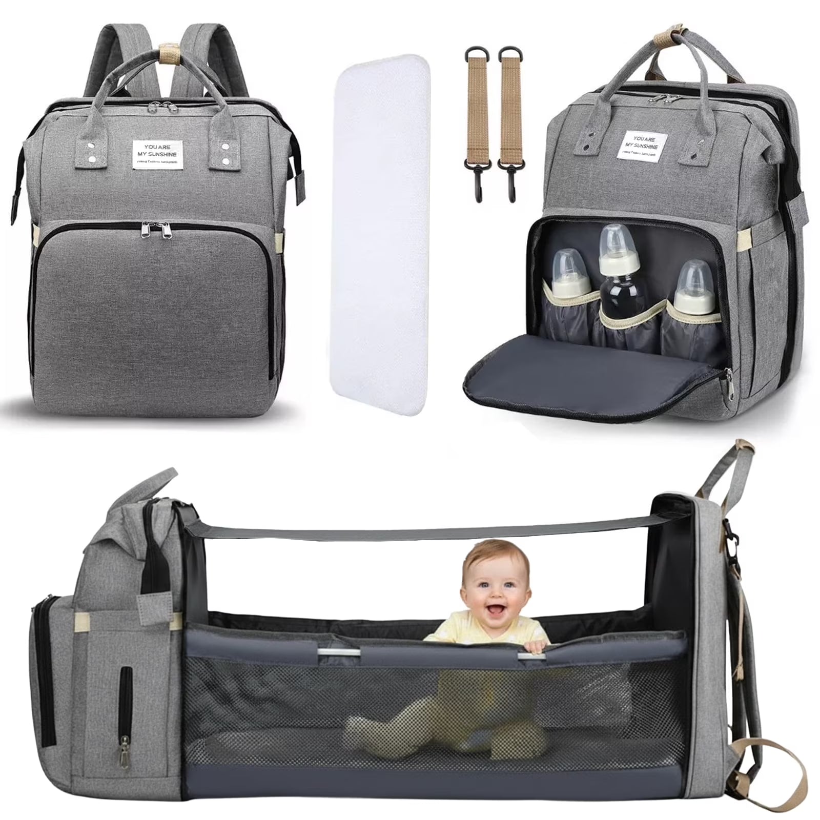 Diaper Bag Backpack, Waterproof Large Travel Essentials Baby Bag for Mom with Changing Pad & USB Charging Port, Baby Shower Gifts, Gray