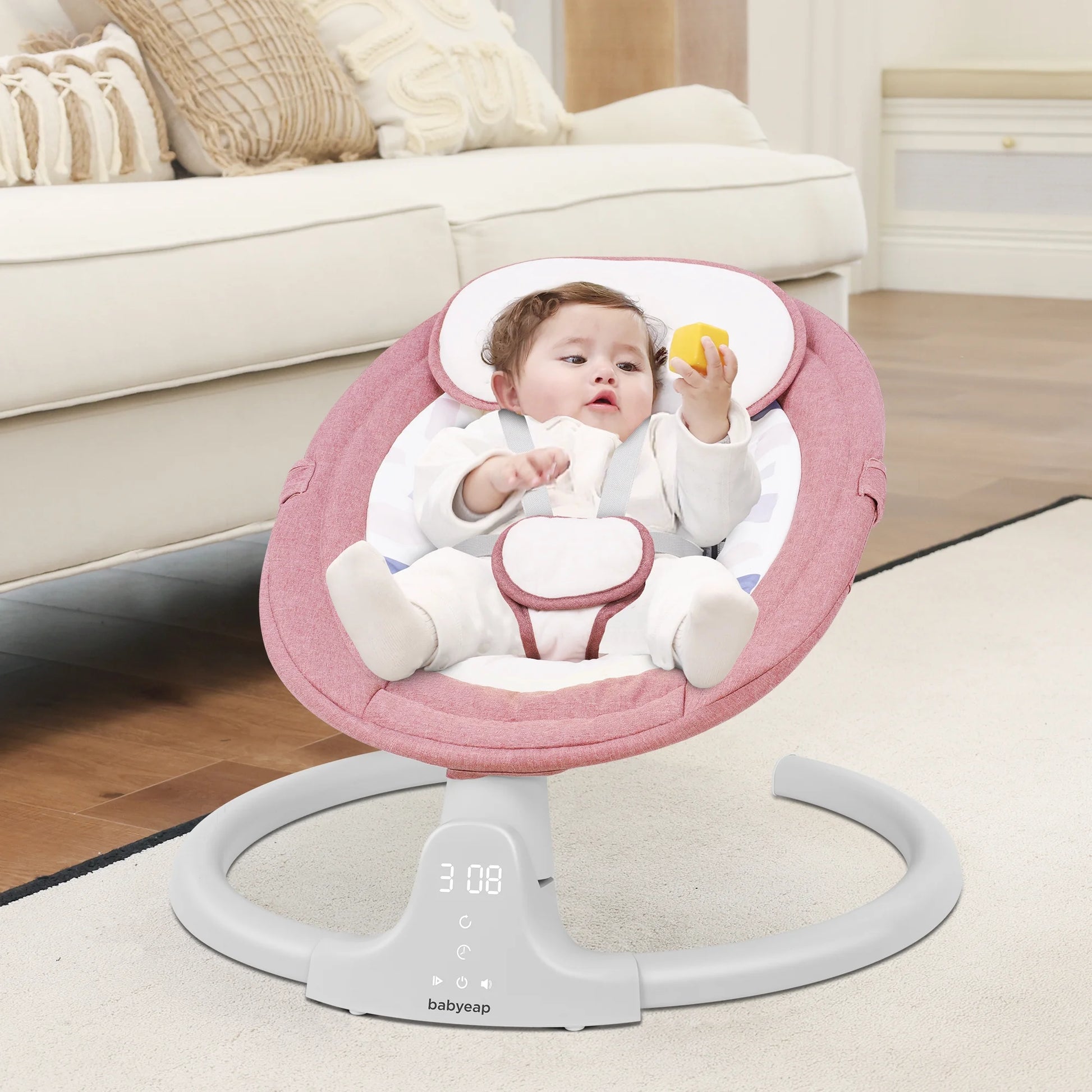 Baby Swing for Infants - APP Remote Bluetooth Control, 5 Speed Settings, 10 Lullabies, USB Plug (Pink)
