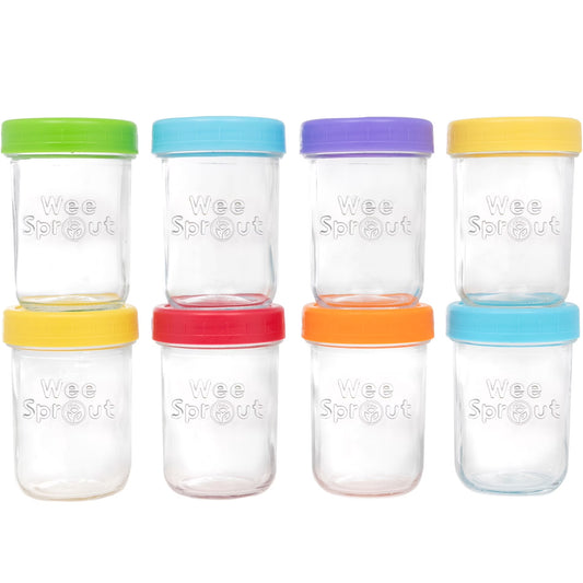 Glass Baby Food Storage Jars W/ Lids (8 Oz, 8 Pack Set, Bright Variety)