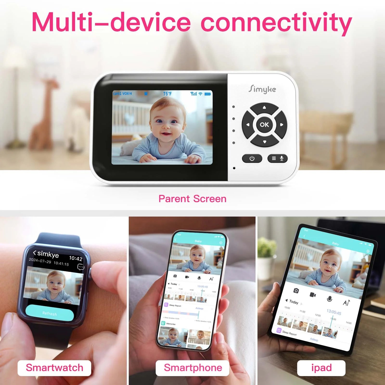 Smart Video Baby Monitor, 2.8" Display & 1080P Camera, Wifi/No Wifi Modes, Cry Detection, 2-Way Talk, VOX, 2500Mah Battery, Family Sharing