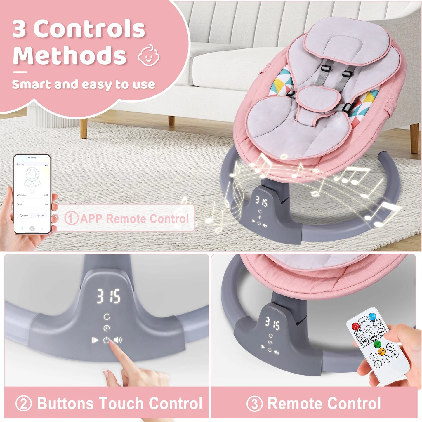 Baby Swing, Baby Swing for Infants,Portable Electric Baby Rocker with 5 Sway Speed,10 Preset Songs,Remote Control,Bluetooth Music,Pink