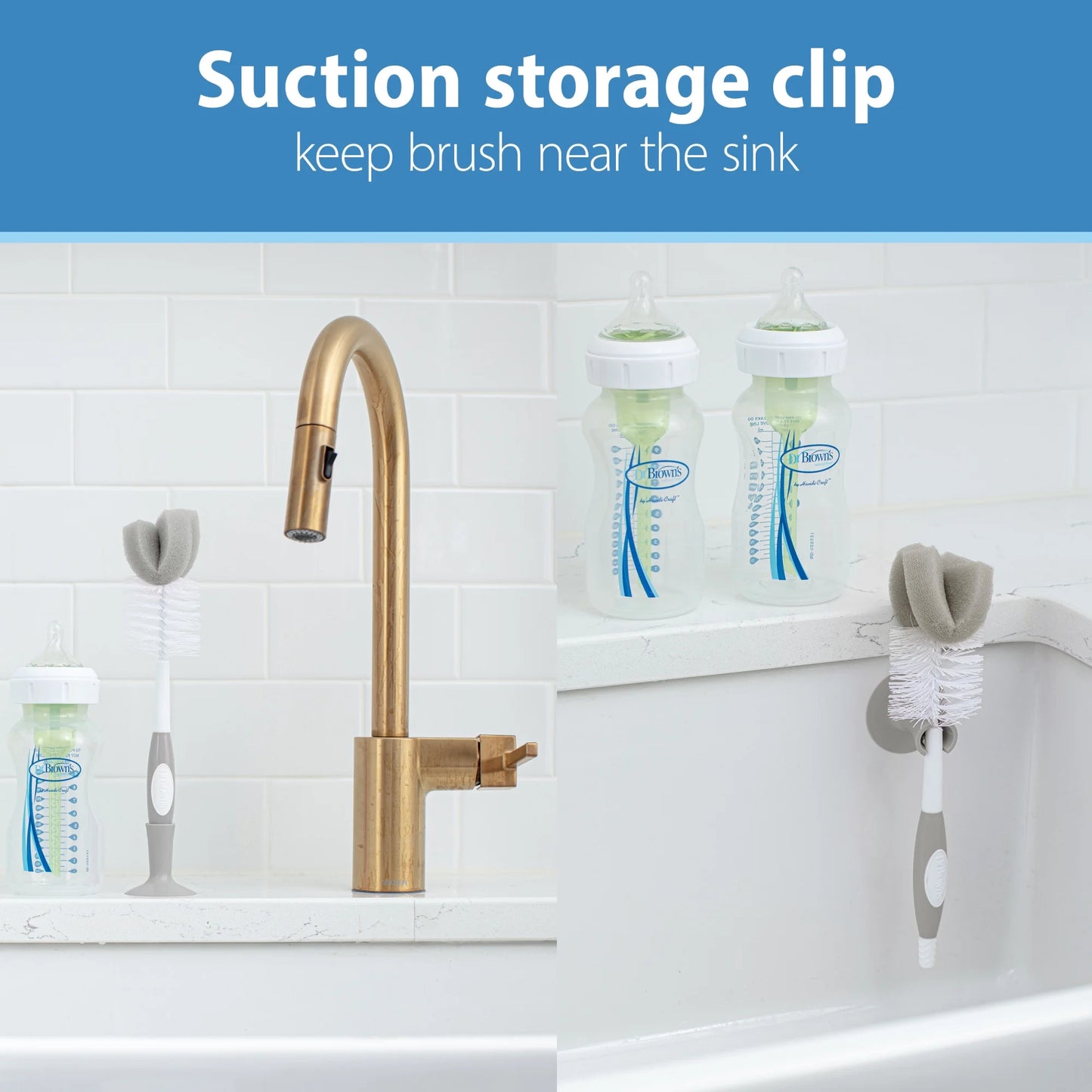 Baby Bottle Brush with Suction Cup Stand, Sponge, Scrubber and Nipple Cleaner Gray, 1 Pack