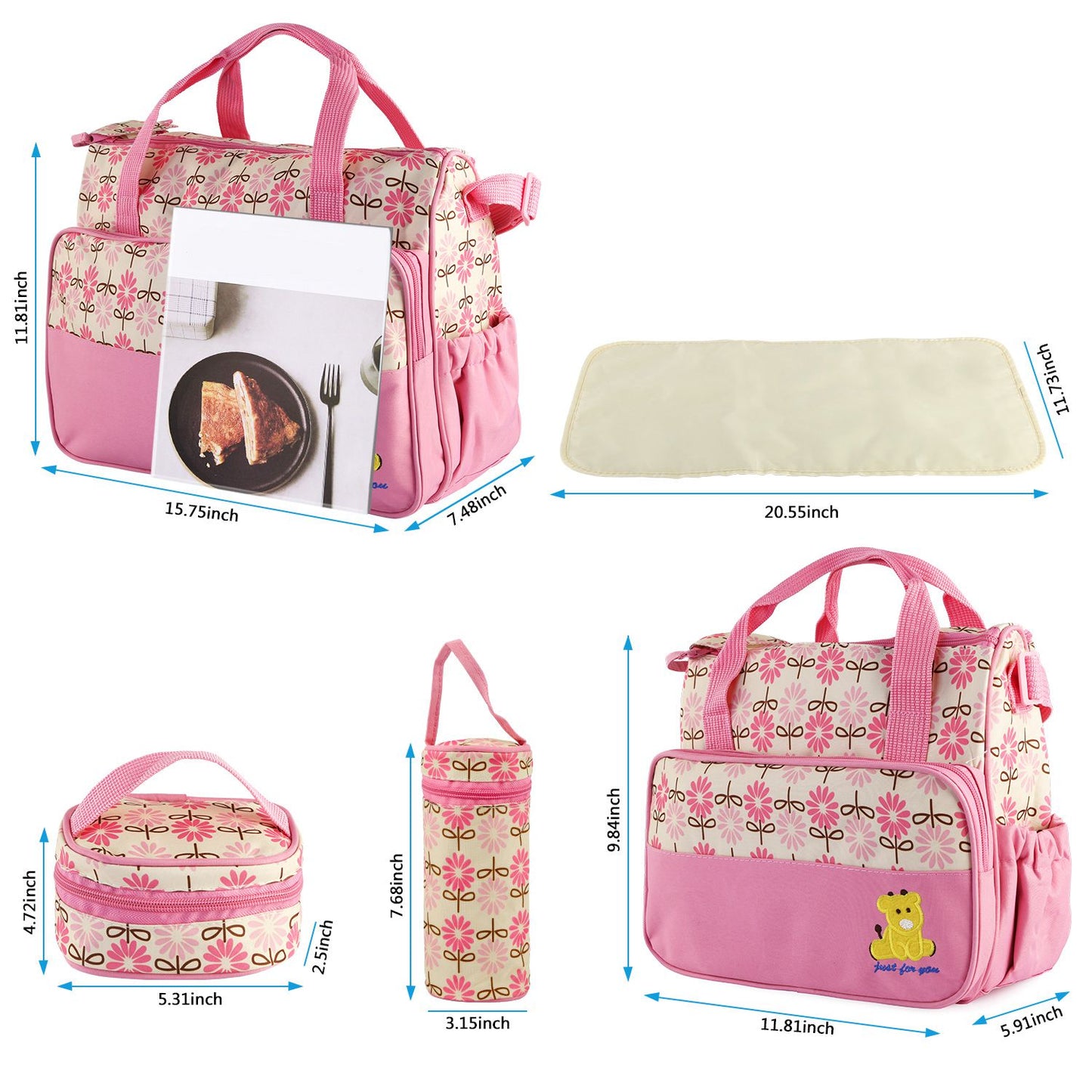 5Pcs Mummy Diaper Tote Baby Bags Set Dad Diaper Shoulder Bags with Nappy Changing Pad Pockets Travel Tote Bags Pink