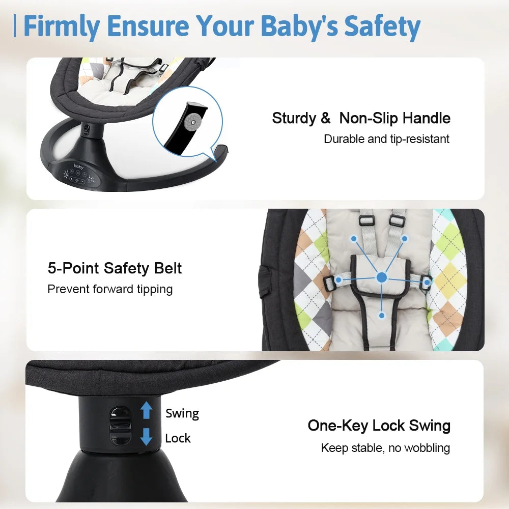 Baby Swing for Infant, Electric Bluetooth Music Bouncer Rocker with 5 Sway Modes, 3 Timing, Black