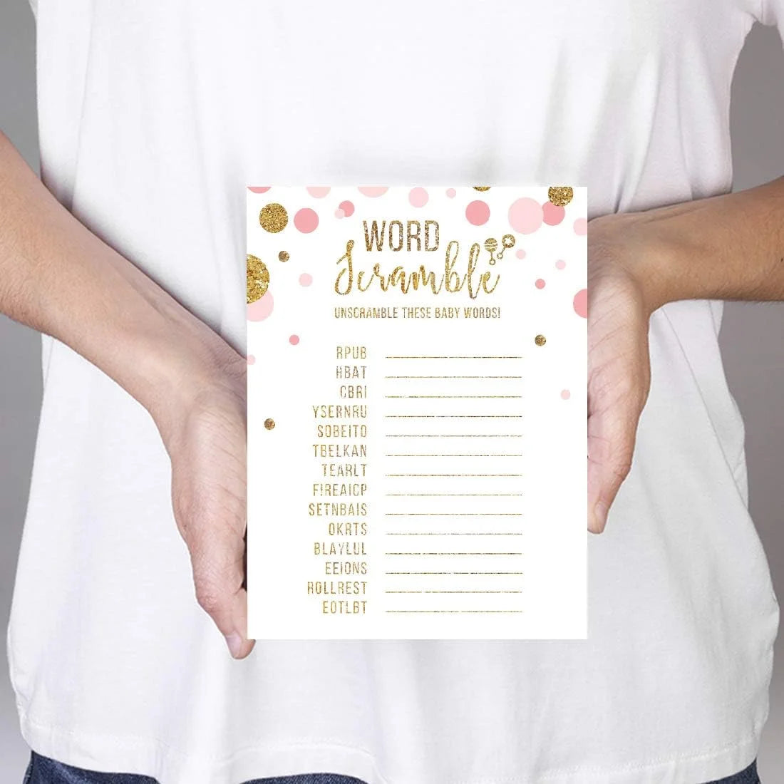 Baby Shower Word Scramble Game Blush Pink Gold Glitter, Paper Party Favors, 20-Pack