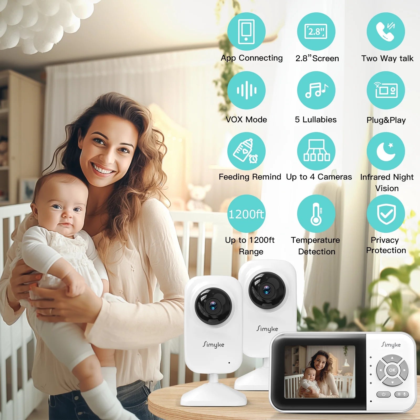 Dual Camera Video Baby Monitor, 2.8" LCD, Wireless, Night Vision, 2-Way Audio, App Access, 1200Ft Range, Feeding Timer, Temperature Sensor, Portable for Home Use