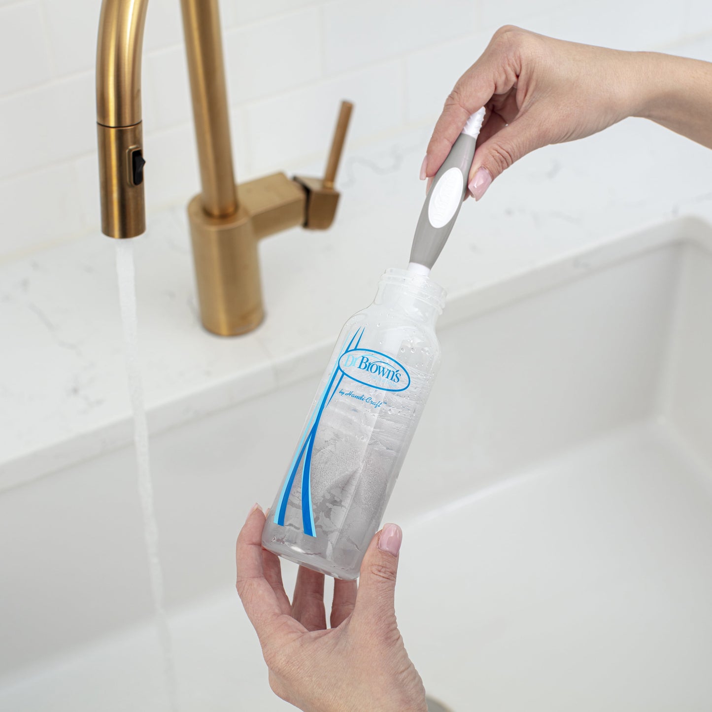 Baby Bottle Brush with Suction Cup Stand, Sponge, Scrubber and Nipple Cleaner Gray, 1 Pack