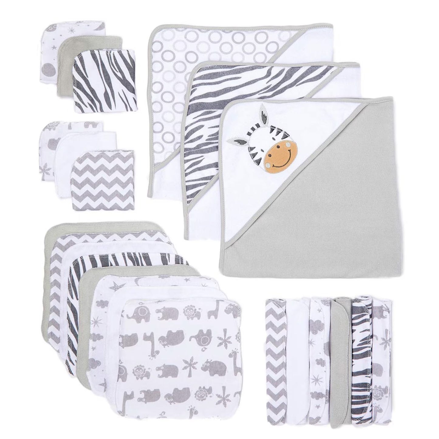 Bath Hooded Towels & Washcloths Set for Babies, 23-Piece Gift Set, White Zebra