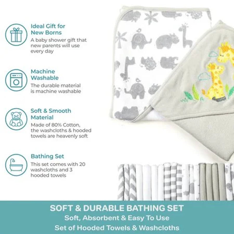 Bath Hooded Towels & Washcloths Set for Babies, 23-Piece Gift Set, Gray Giraffe