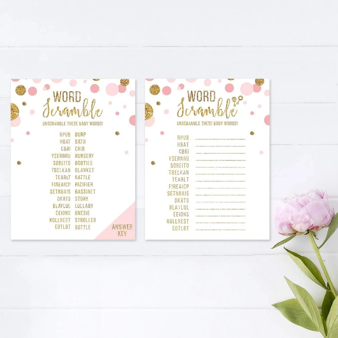 Baby Shower Word Scramble Game Blush Pink Gold Glitter, Paper Party Favors, 20-Pack