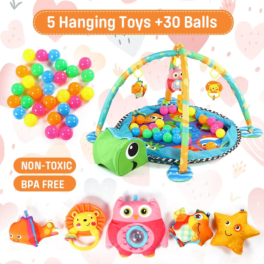 Baby Play Mat,  3 in 1 Baby Play Gym Activity Mat, with Hanging Toys and Ocean Balls, for Infants Toddlers, Blue Turtle