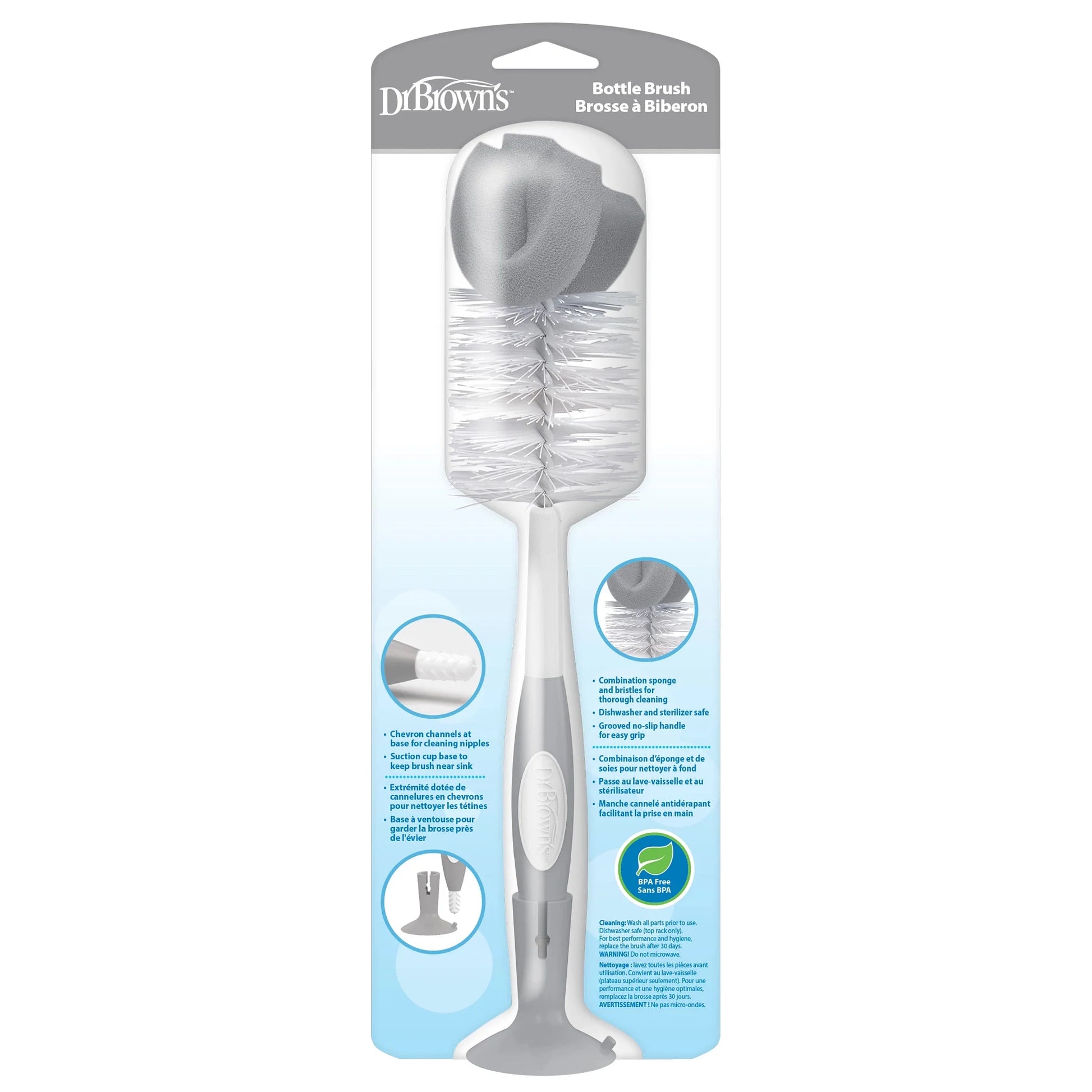 Baby Bottle Brush with Suction Cup Stand, Sponge, Scrubber and Nipple Cleaner Gray, 1 Pack