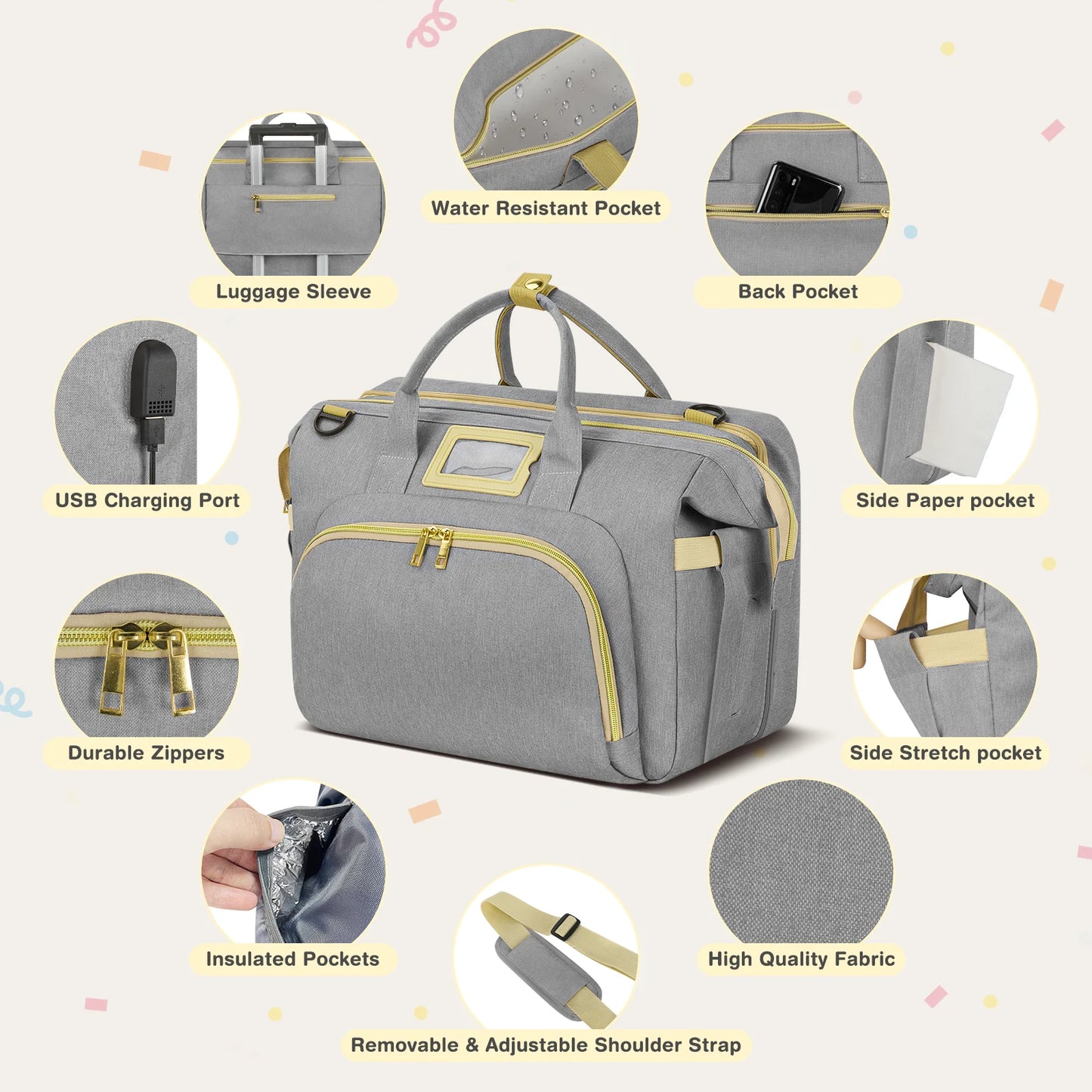 Diaper Bag Tote, Multifunctional Baby Changing Bag with Insulated Milk Bottle Pockets, Large Capacity Travel Backpack W/ USB Charging Port & Stroller Straps, Portable Newborn Baby Bags(Gray)