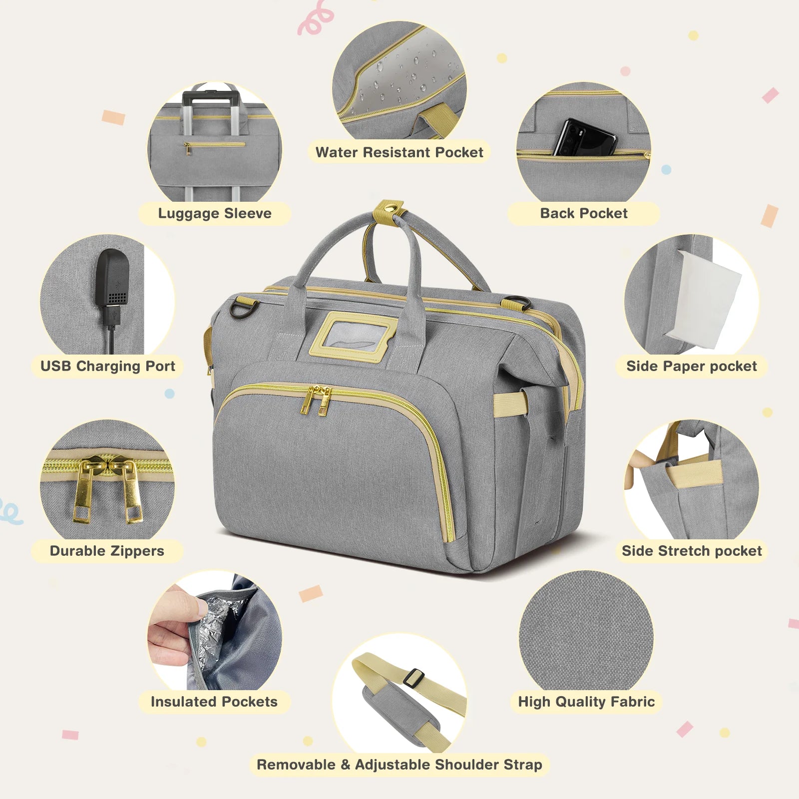 Diaper Bag Tote, Multifunctional Baby Changing Bag with Insulated Milk Bottle Pockets, Large Capacity Travel Backpack W/ USB Charging Port & Stroller Straps, Portable Newborn Baby Bags(Gray)