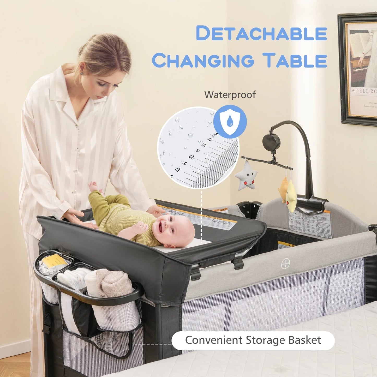 5 in 1 Portable Playard Baby Bassinet Bedside Sleeper, Diaper Changer, Mattress, Carry Bag, Music Box & Hanging Toys, Foldable Bedside Crib for Newborn Toddlers