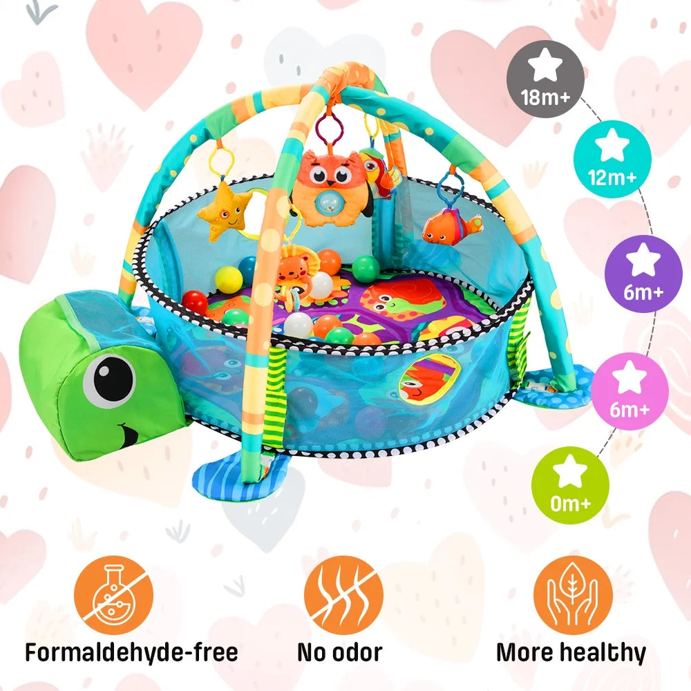 Baby Play Mat,  3 in 1 Baby Play Gym Activity Mat, with Hanging Toys and Ocean Balls, for Infants Toddlers, Blue Turtle