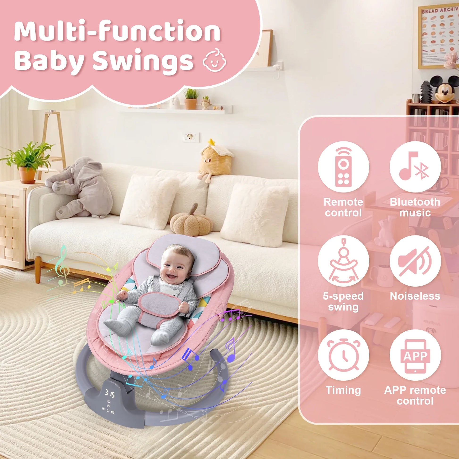 Baby Swing, Baby Swing for Infants,Portable Electric Baby Rocker with 5 Sway Speed,10 Preset Songs,Remote Control,Bluetooth Music,Pink