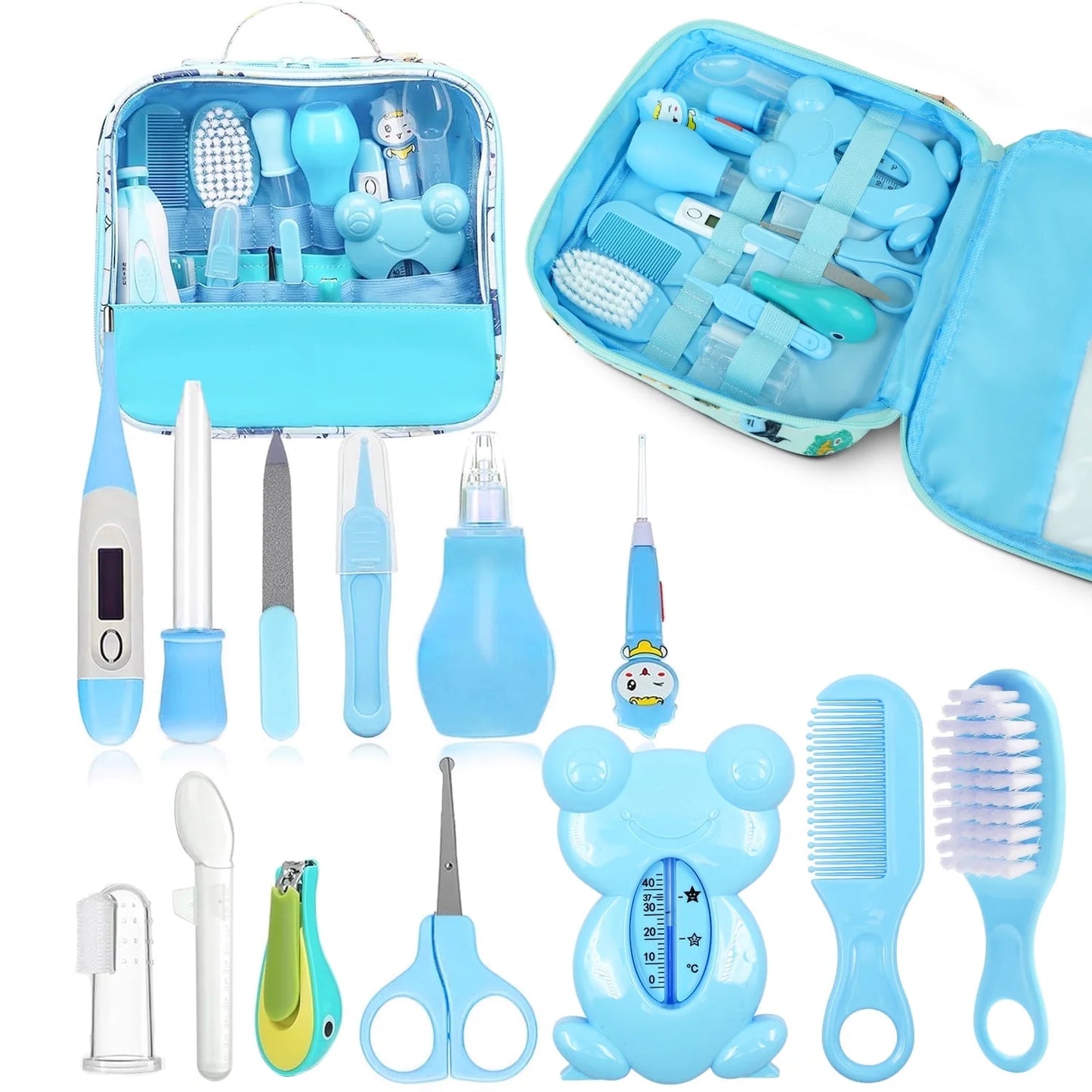 Baby Grooming Kit, 13 in 1 Infant Safety Care Set with Hair Brush Comb Nail Clipper Nasal Aspirator,Baby Essentials Kit for Newborn Girls Boys-Blue Baby Grooming Kit
