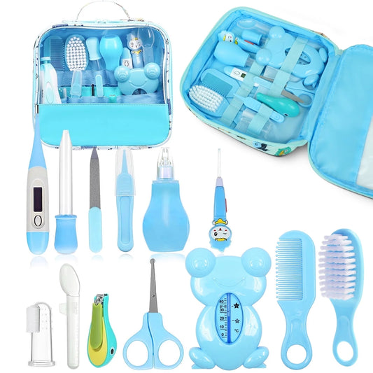 Baby Grooming Kit, 13 in 1 Infant Safety Care Set with Hair Brush Comb Nail Clipper Nasal Aspirator,Baby Essentials Kit for Newborn Girls Boys-Blue Baby Grooming Kit