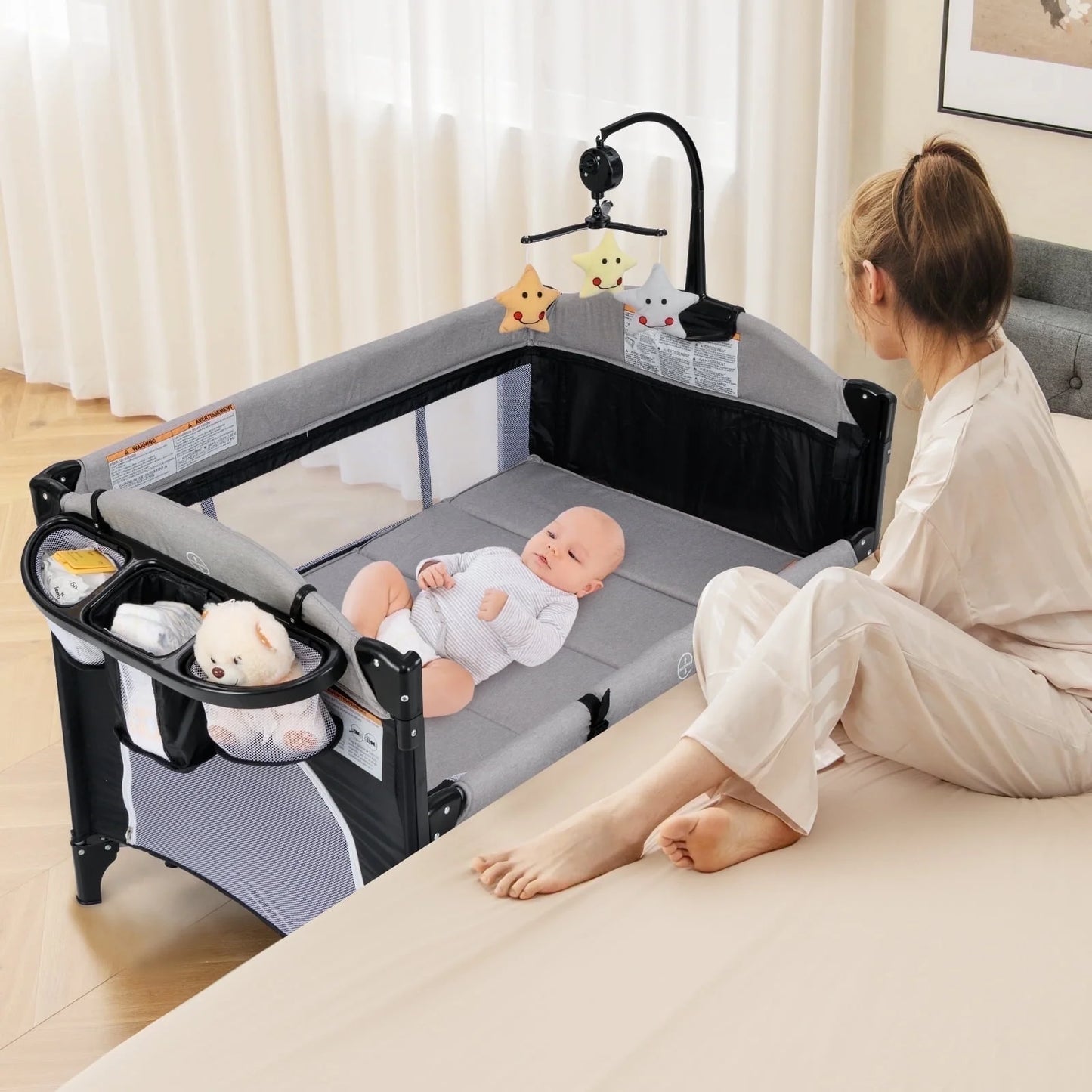 5 in 1 Portable Playard Baby Bassinet Bedside Sleeper, Diaper Changer, Mattress, Carry Bag, Music Box & Hanging Toys, Foldable Bedside Crib for Newborn Toddlers
