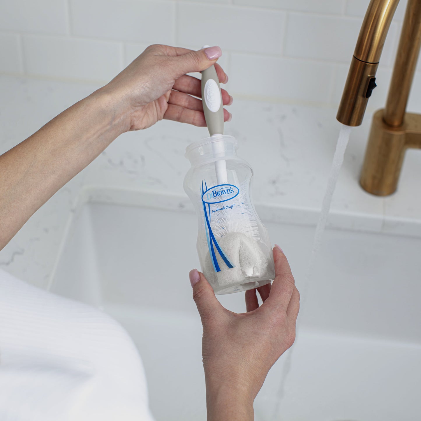 Baby Bottle Brush with Suction Cup Stand, Sponge, Scrubber and Nipple Cleaner Gray, 1 Pack