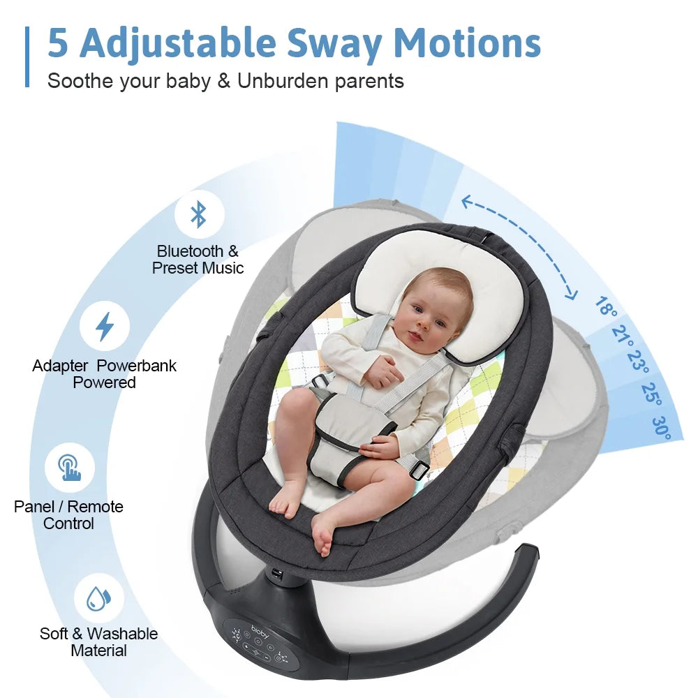 Baby Swing for Infant, Electric Bluetooth Music Bouncer Rocker with 5 Sway Modes, 3 Timing, Black