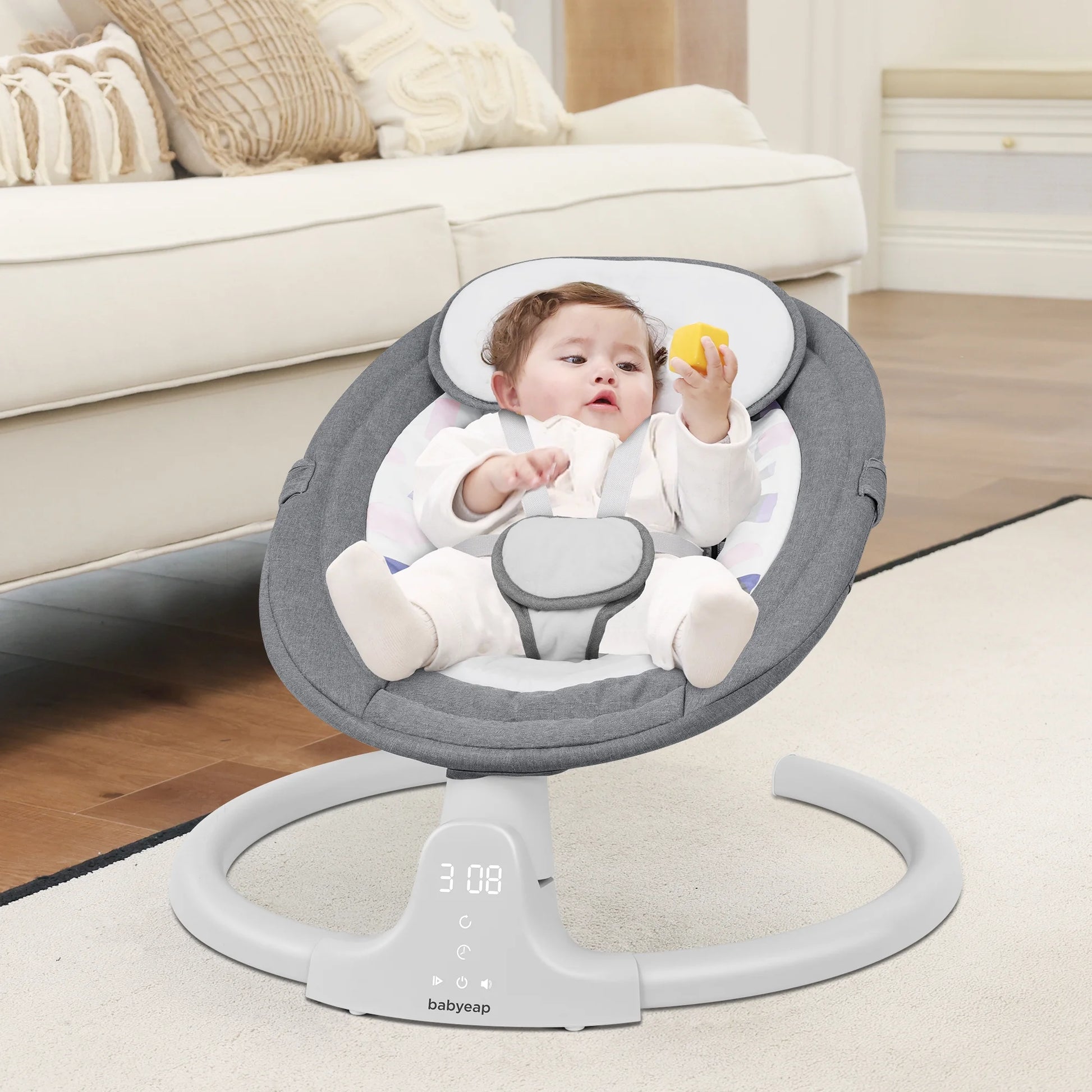 Baby Swing for Infants - APP Remote Bluetooth Control, 5 Speed Settings, 10 Lullabies, USB Plug (Gray)