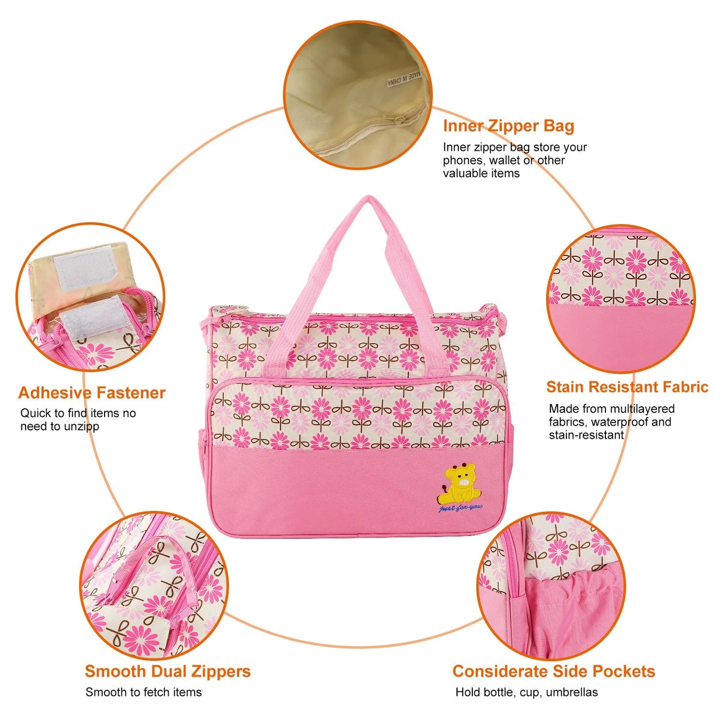 5Pcs Mummy Diaper Tote Baby Bags Set Dad Diaper Shoulder Bags with Nappy Changing Pad Pockets Travel Tote Bags Pink