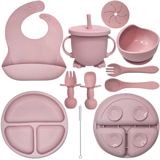 Baby Led Weaning Supplies | 10 Piece Silicone Feeding Set | Baby Toddler Bib Cup Divided Plate and Bowl Self Feeding Spoons Dish Set | Toddler Feeding Supplies (Rose Quartz)