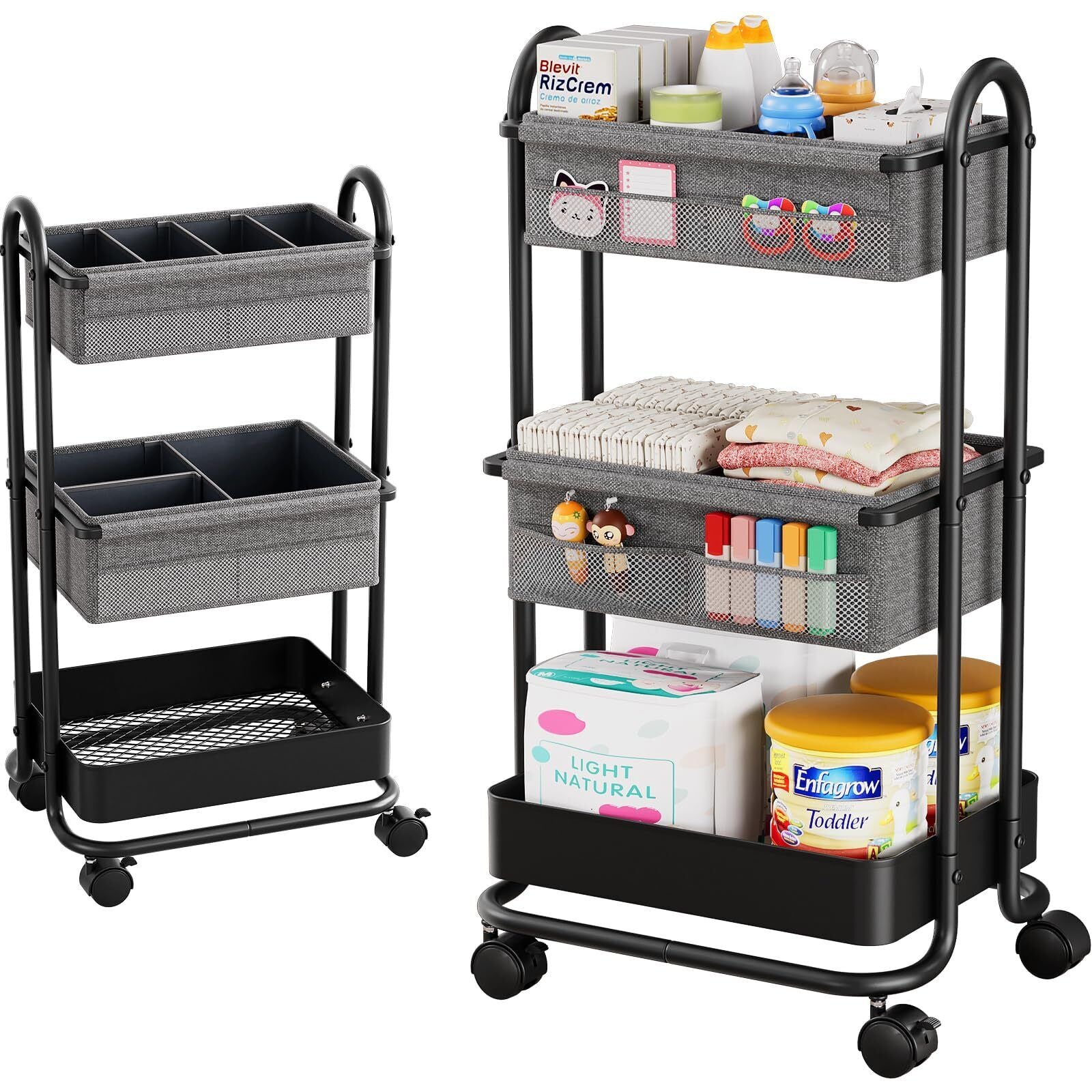 Baby Diaper Caddy Organizer Cart and Storage - 3 Tier Rolling with Wheels