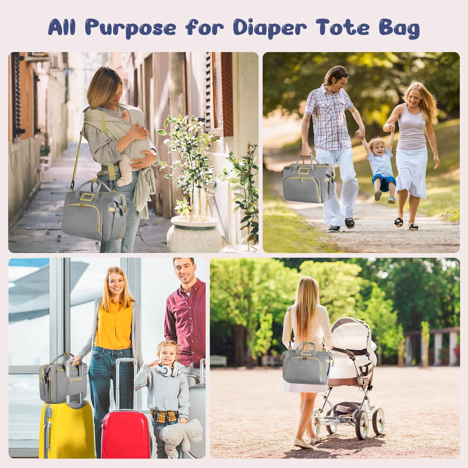 Diaper Bag Tote, Multifunctional Baby Changing Bag with Insulated Milk Bottle Pockets, Large Capacity Travel Backpack W/ USB Charging Port & Stroller Straps, Portable Newborn Baby Bags(Gray)