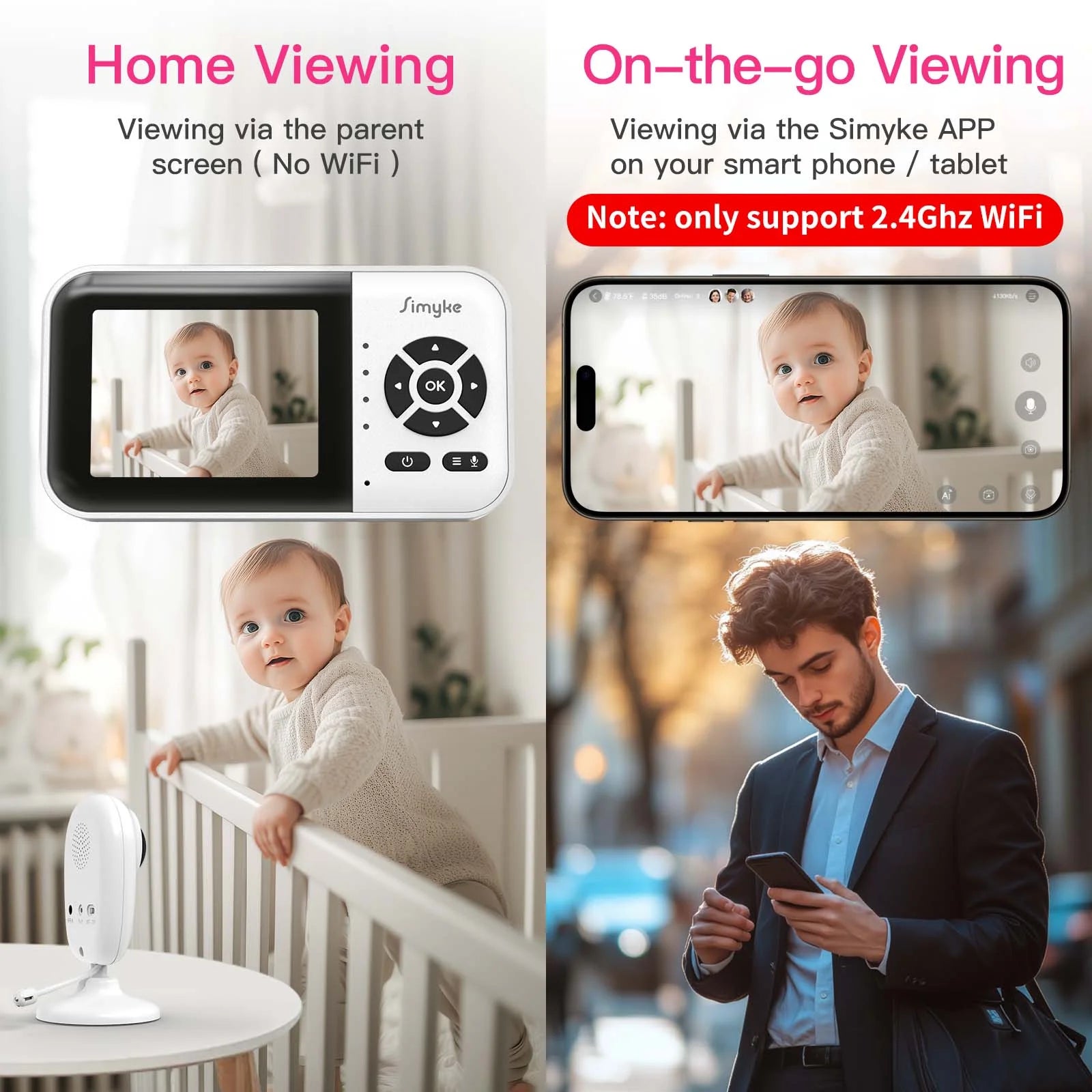 Smart Video Baby Monitor, 2.8" Display & 1080P Camera, Wifi/No Wifi Modes, Cry Detection, 2-Way Talk, VOX, 2500Mah Battery, Family Sharing