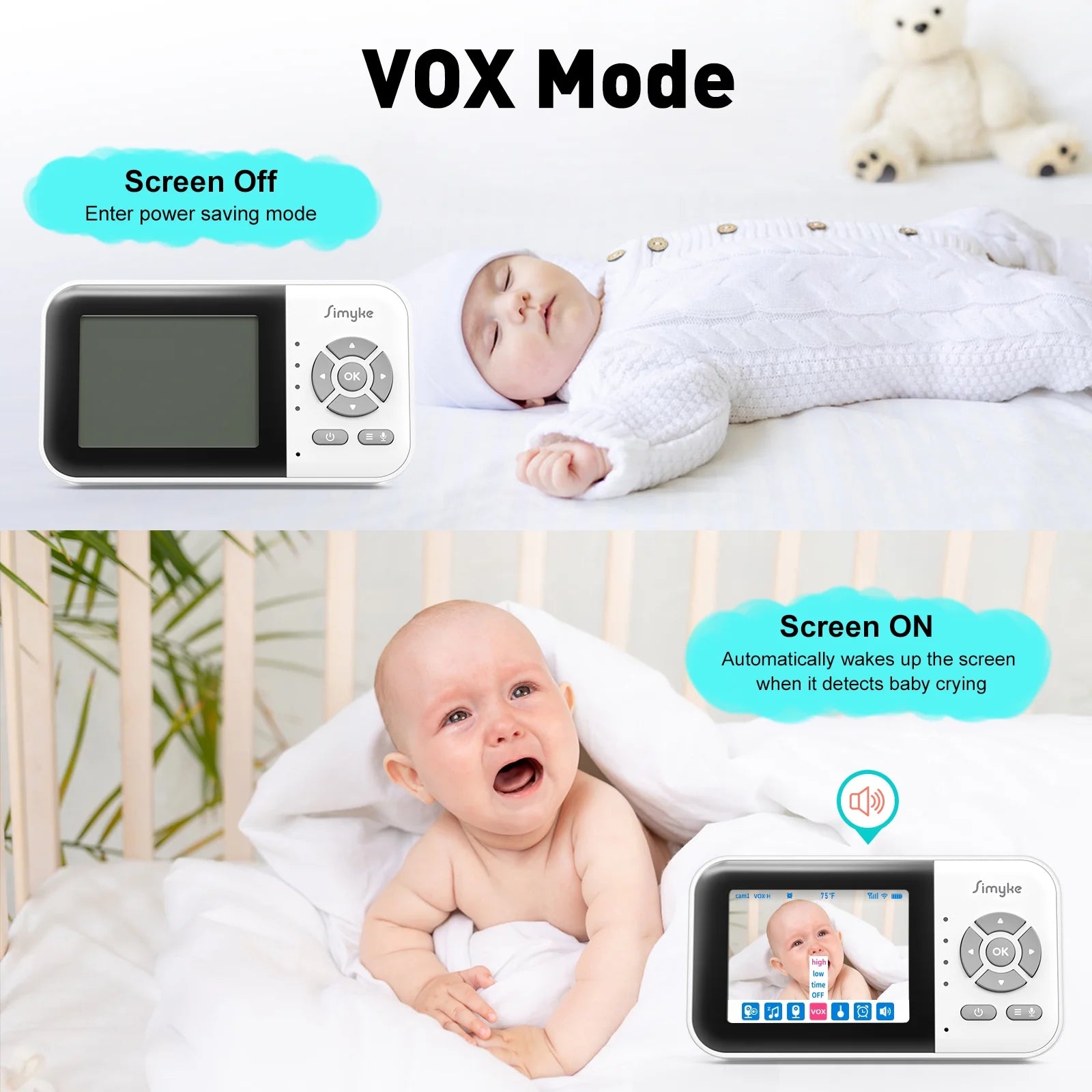 Wifi Video Baby Monitor, 2.8" LCD & App Viewing, 2-Way Audio, Night Vision, VOX, 5 Lullabies, Supports 4 Cameras, 1200Ft Range, Home Use