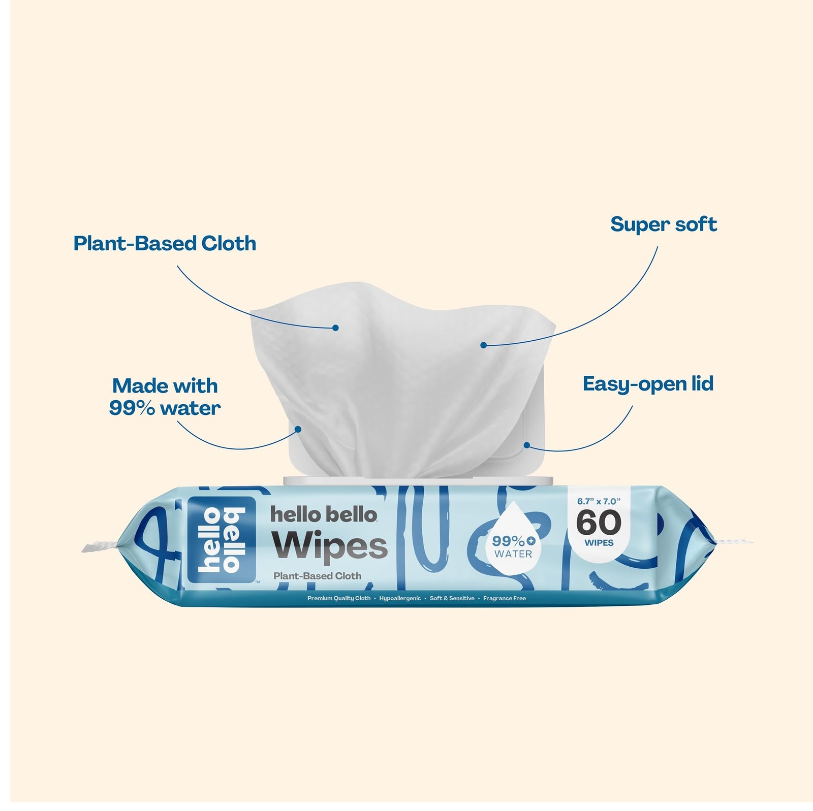 Hello Bello 60 Count Baby Wipes Pack 12 Fragrance Free Gentle for Sensitive Skin