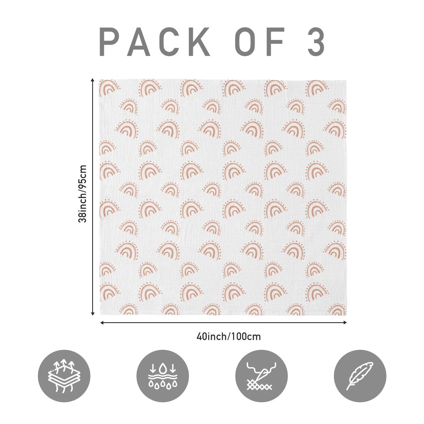 3-Pack Muslin Organic Cotton Swaddle Blankets for Newborn Infant Boys Girls 38"X40", Glorious Rainbow