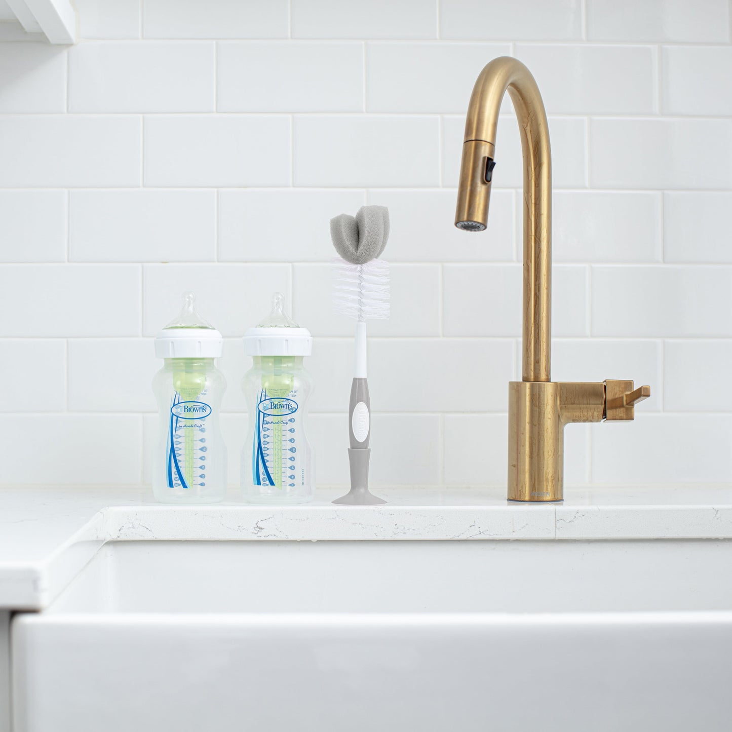 Baby Bottle Brush with Suction Cup Stand, Sponge, Scrubber and Nipple Cleaner Gray, 1 Pack