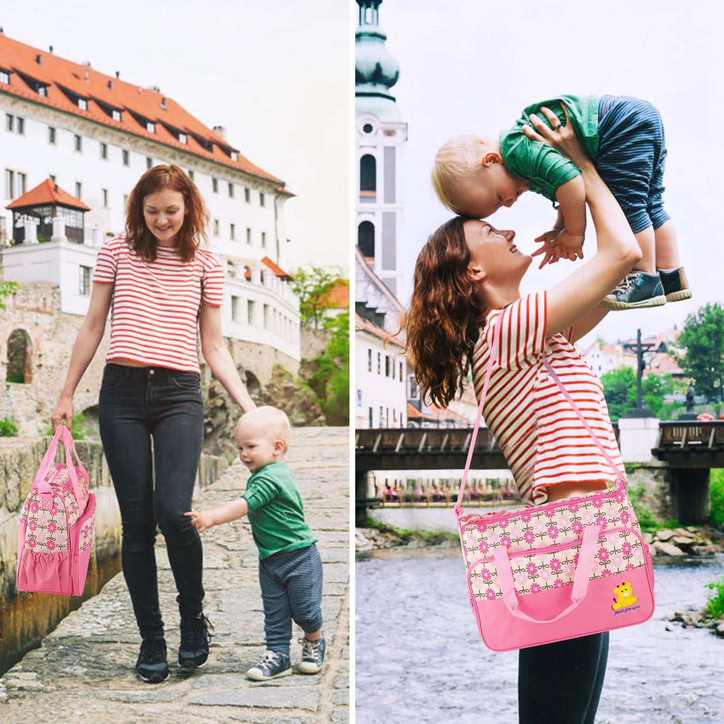 5Pcs Mummy Diaper Tote Baby Bags Set Dad Diaper Shoulder Bags with Nappy Changing Pad Pockets Travel Tote Bags Pink