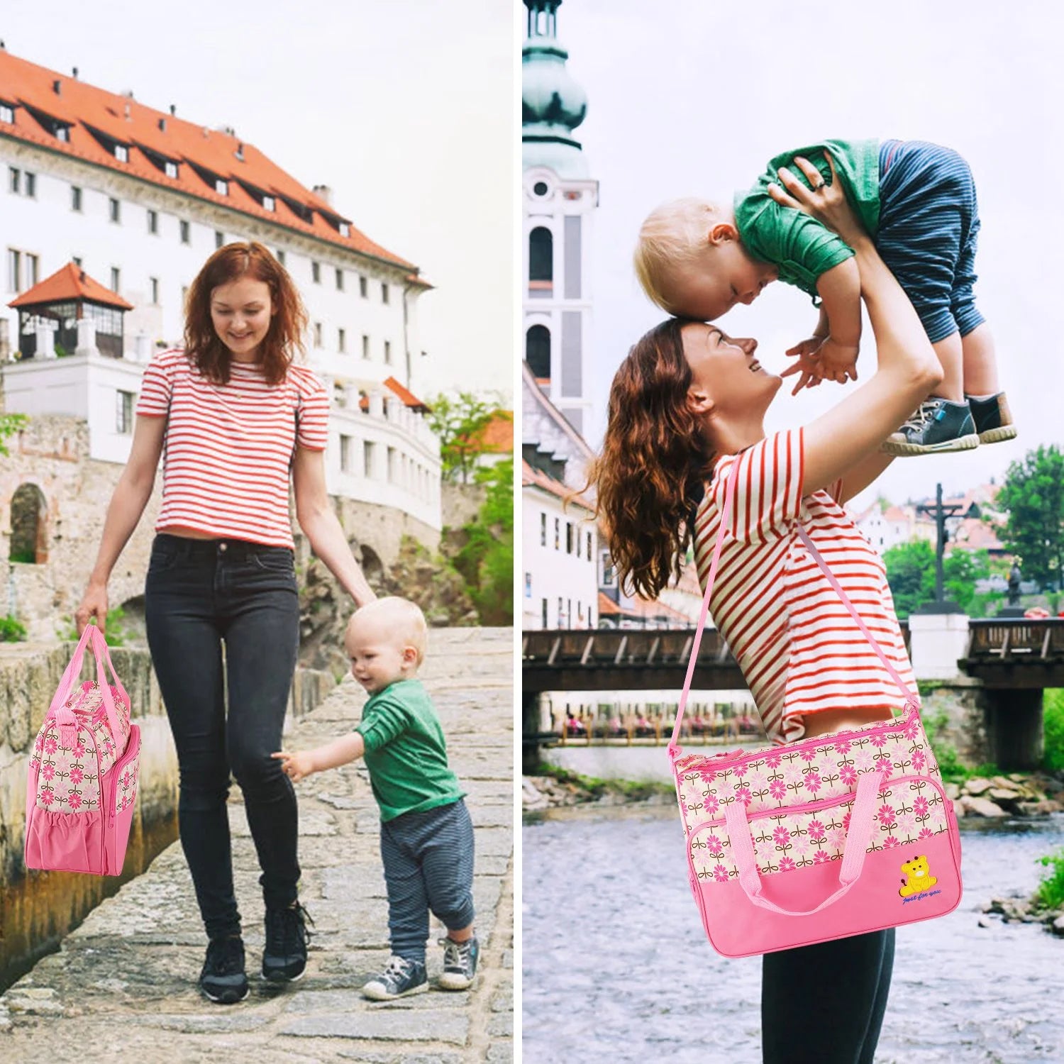 5Pcs Mummy Diaper Tote Baby Bags Set Dad Diaper Shoulder Bags with Nappy Changing Pad Pockets Travel Tote Bags Pink