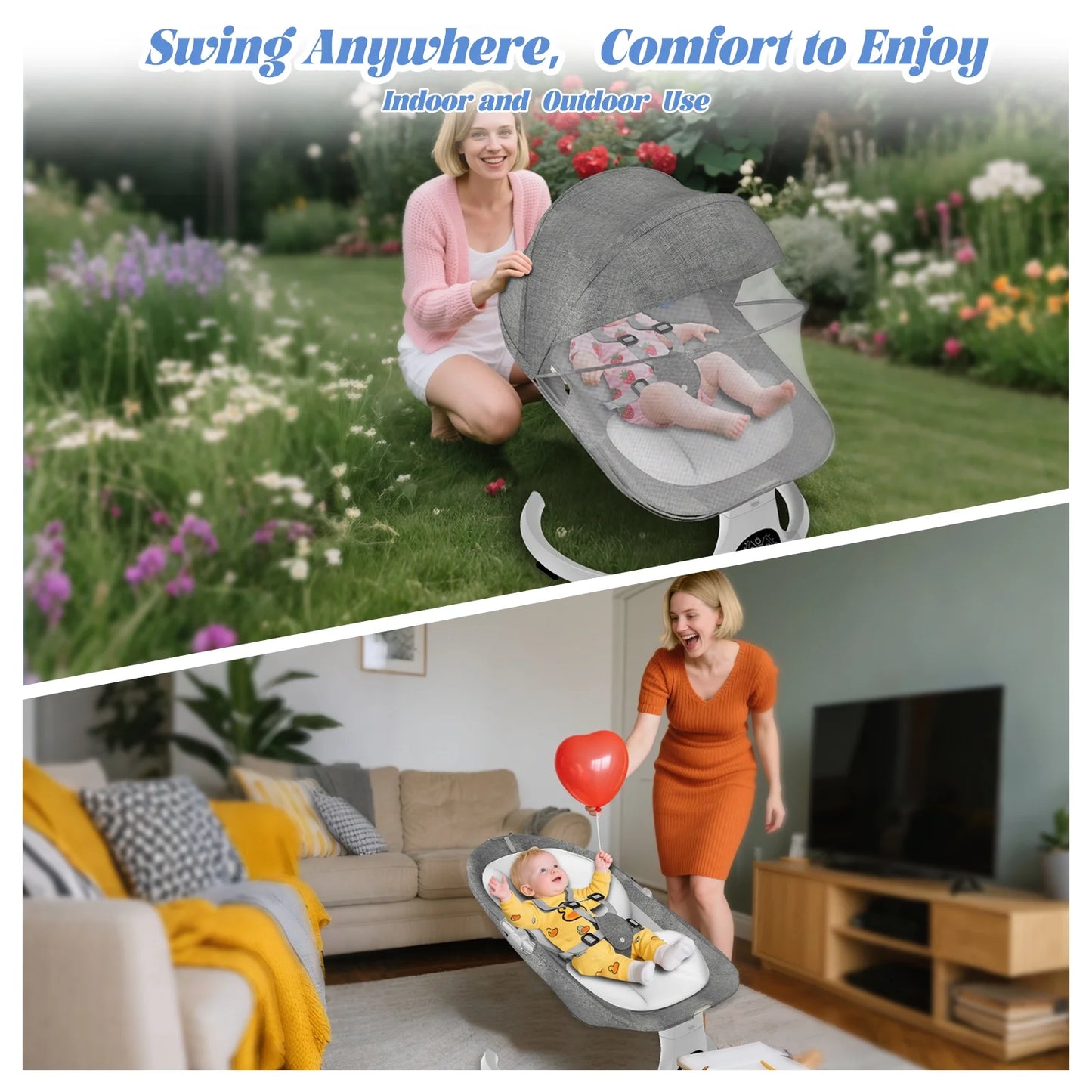 Baby Swing for Infants, Portable Bouncer&Rocker with 5 Speeds, Bluetooth Control, Gray