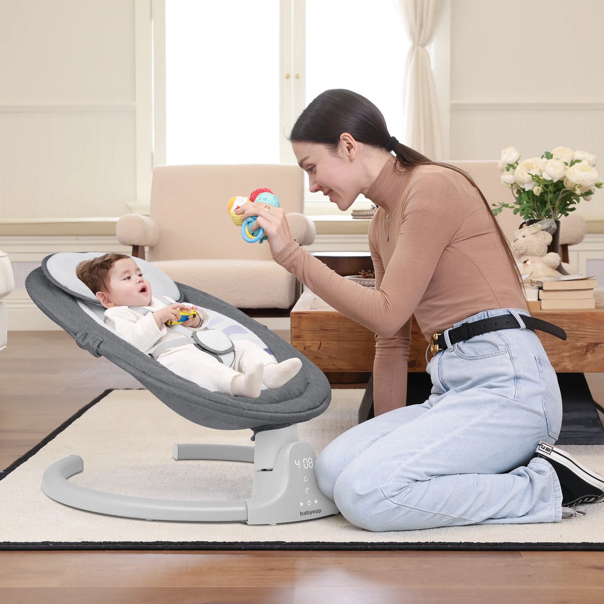 Baby Swing for Infants - APP Remote Bluetooth Control, 5 Speed Settings, 10 Lullabies, USB Plug (Gray)