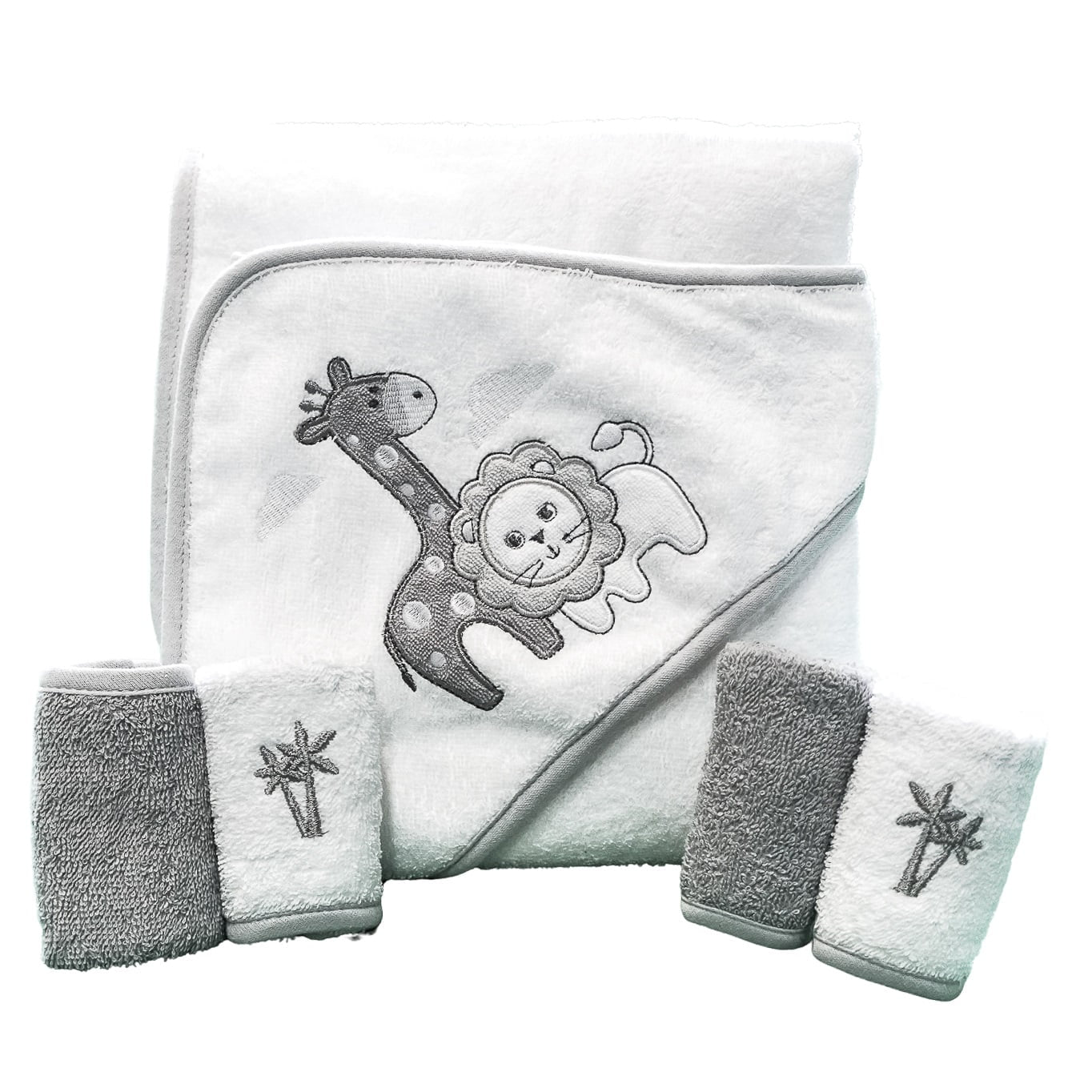 Baby Cotton Terry Hooded Towel & Washcloth Bath Shower Set for Newborns and Infants, Gray Lion